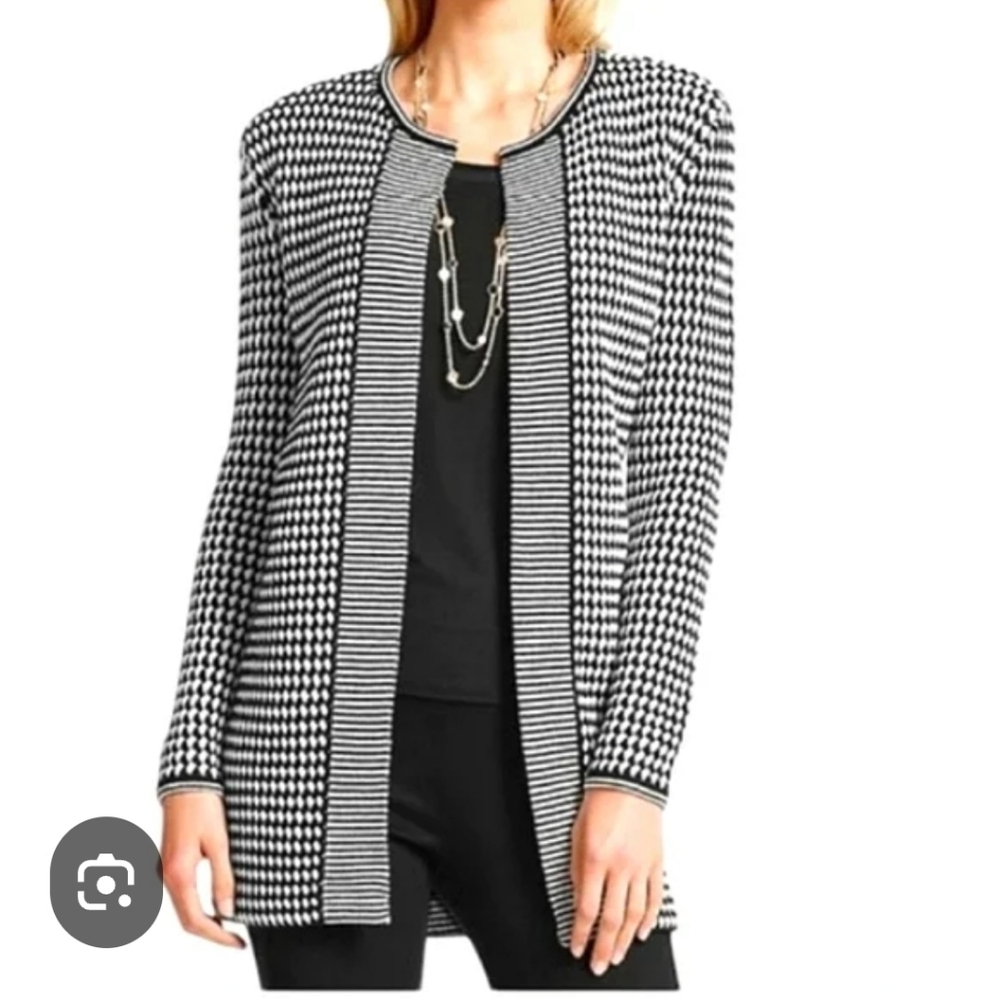 Talbots Merino Wool Cardigan Black White Houndstooth Open Front Long Sleeves